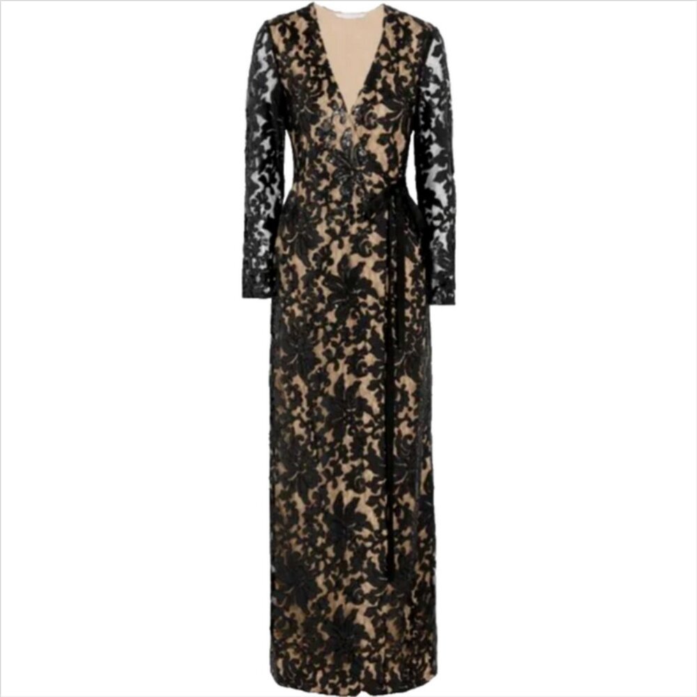 NWOT Diane von Furstenberg Elle Wrap Black Sequin Embellished Lace Gown
